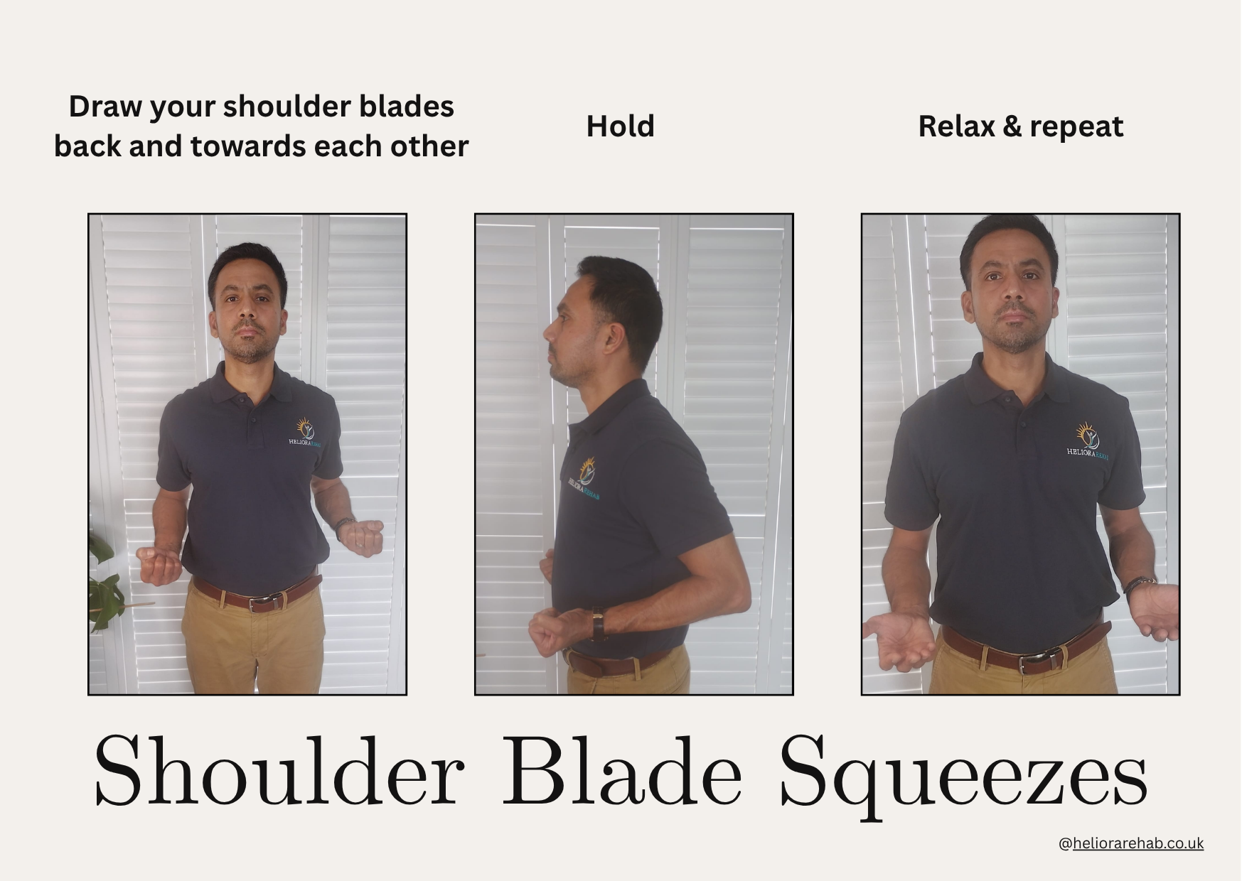 Demonstration of shoulder blade squeezes for neck and upper back support