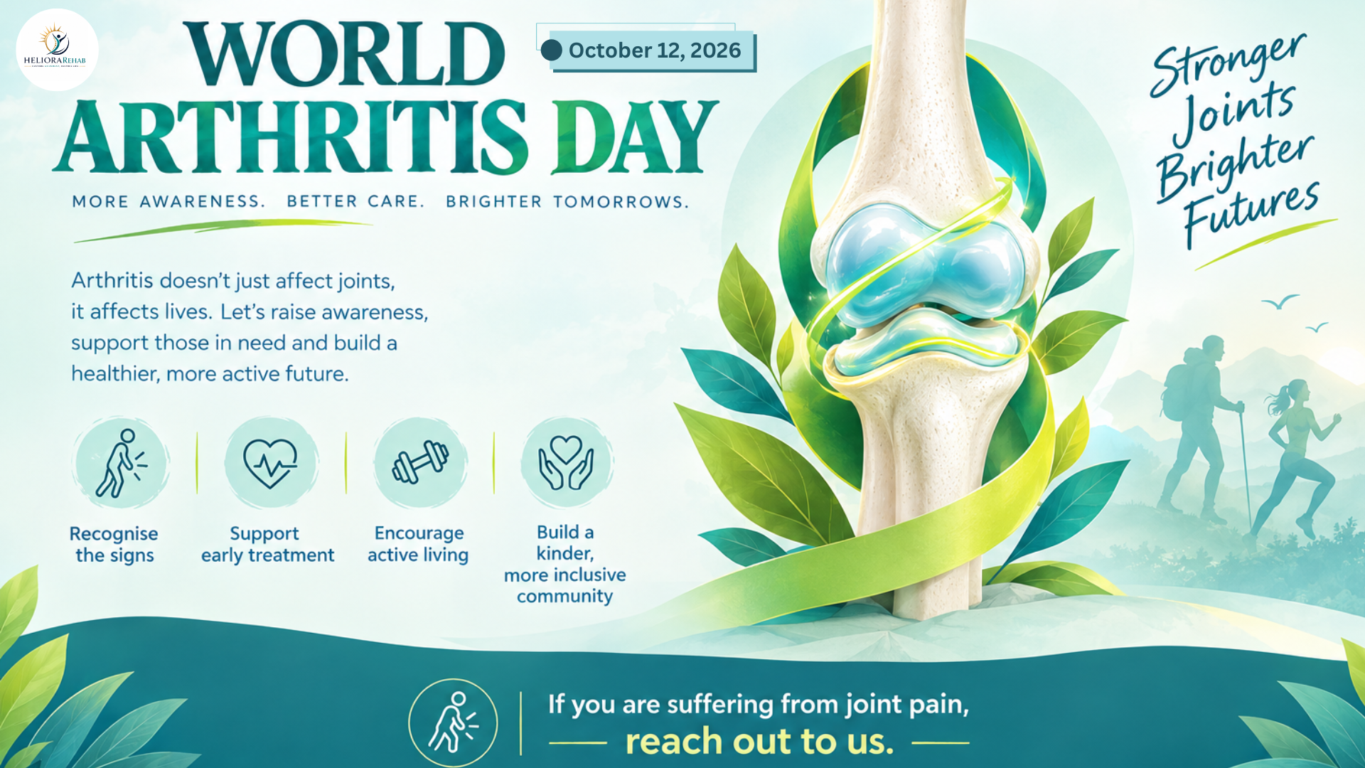 World Arthritis Day 2026 infographic by Heliora Rehab promoting awareness, early treatment, active living and support for people with joint pain