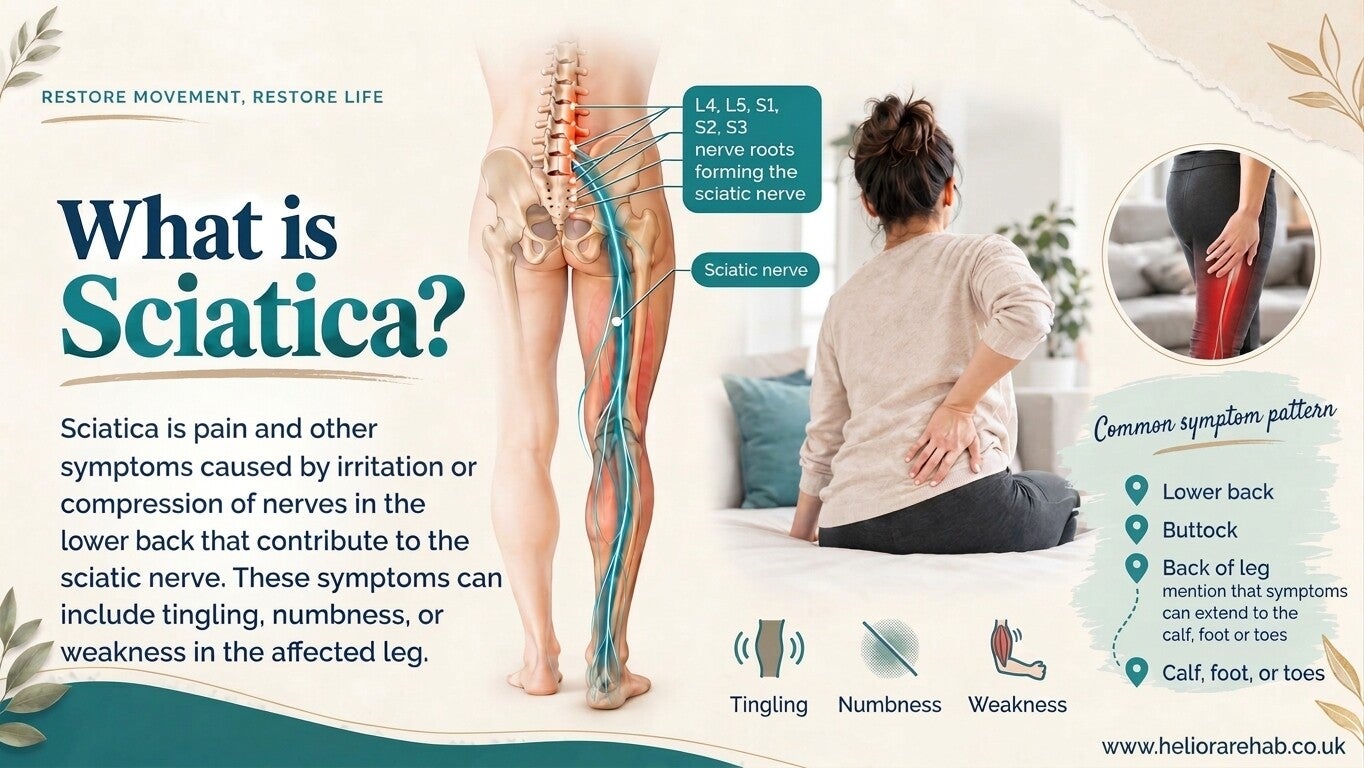 Illustration explaining sciatica and sciatic nerve pain travelling from the lower back and buttock into the leg