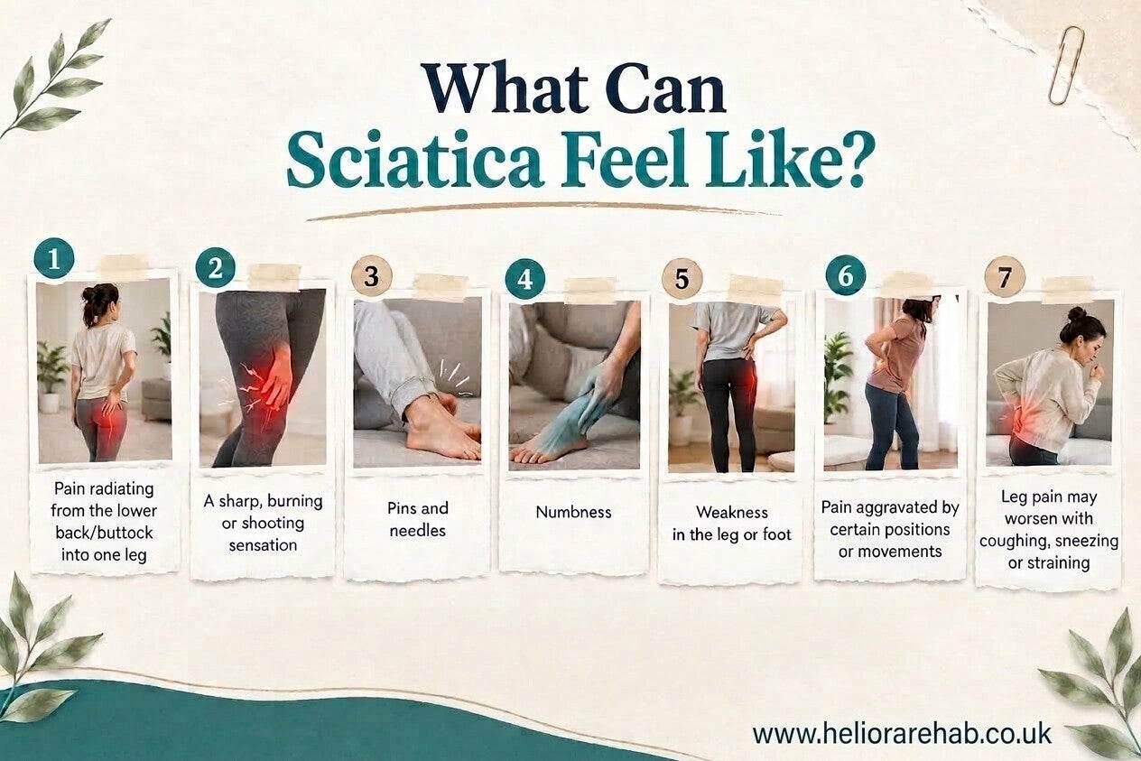 Illustration showing what sciatica can feel like, including lower back, buttock and leg pain, tingling or numbness