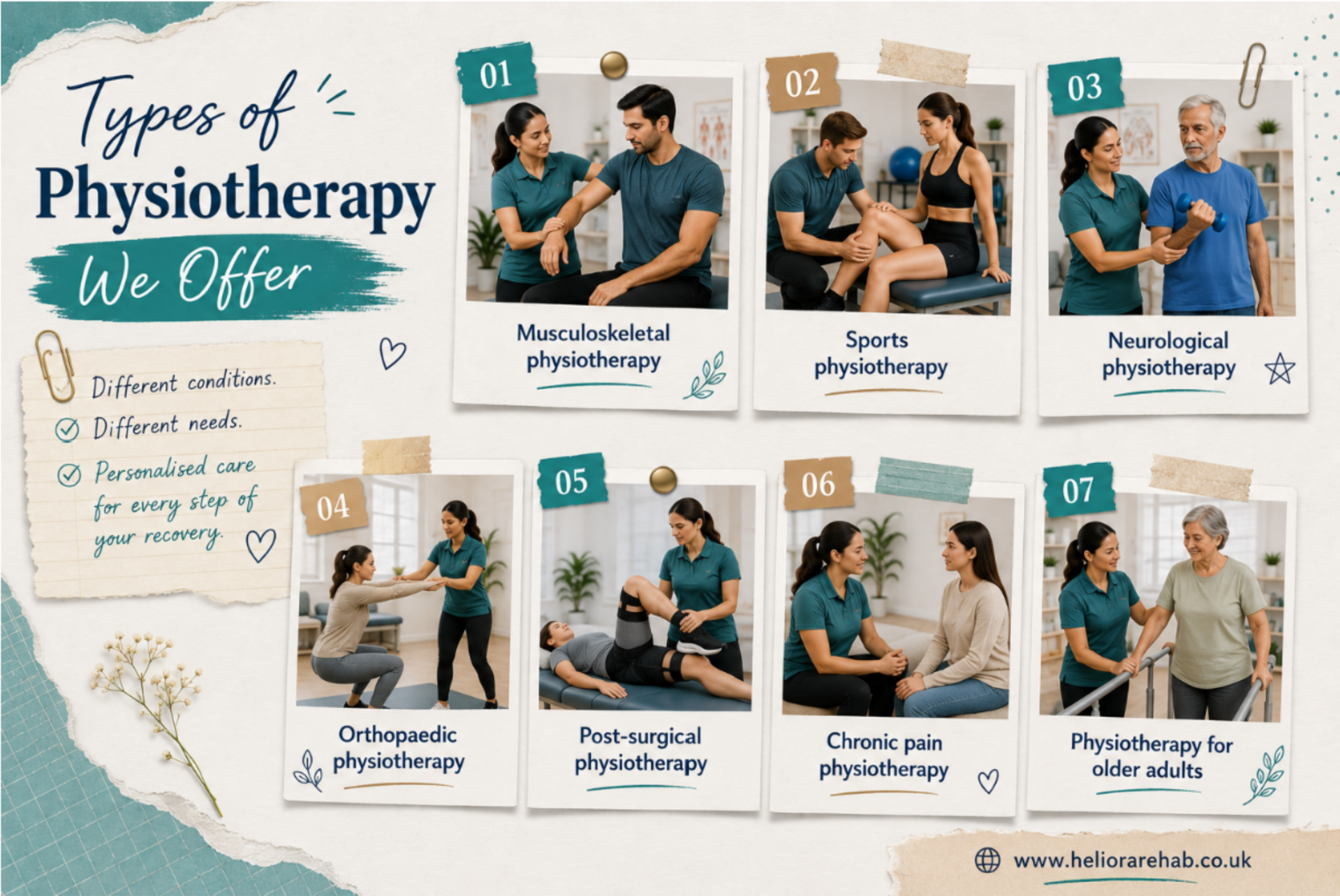 Types of physiotherapy treatment, including musculoskeletal, sports, neurological, orthopaedic, post-surgical, chronic pain and physiotherapy for older adults