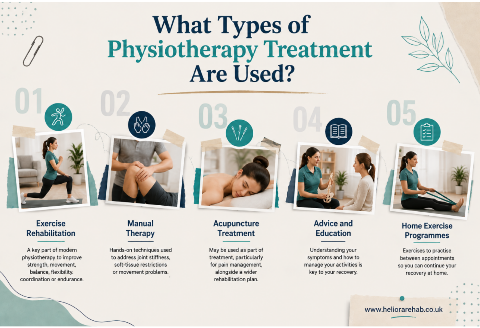 Five physiotherapy treatment techniques: exercise rehabilitation, manual therapy, acupuncture treatment, advice and education, and home exercise programmes