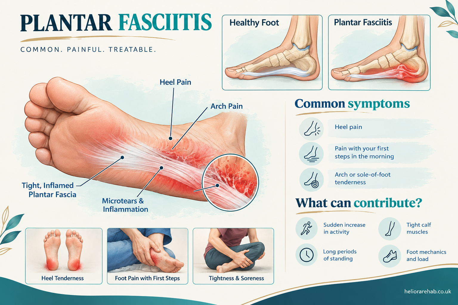 Illustration of common plantar fasciitis symptoms including heel pain when taking the first steps in the morning and heel pain when walking