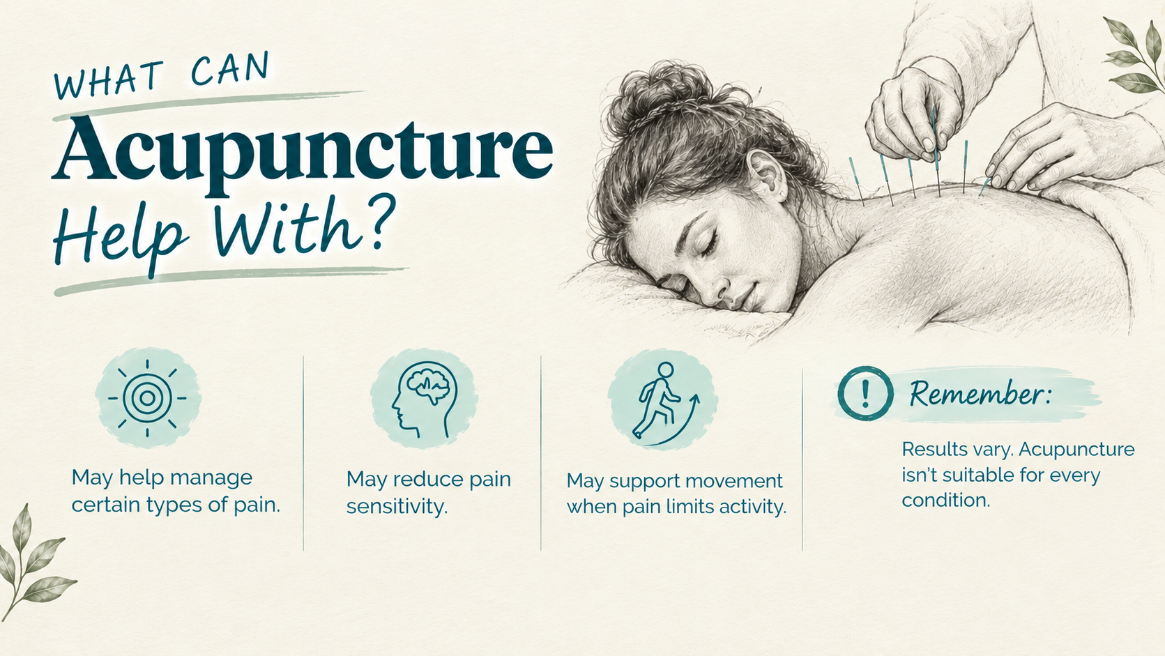 What can acupuncture help with? Infographic outlining possible roles in pain management and movement, with a reminder that results vary and acupuncture is not suitable for every condition.