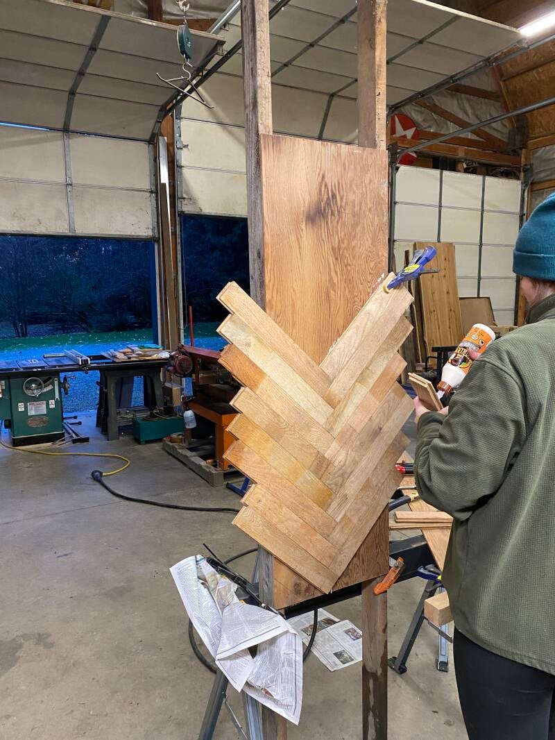 Repurposed Oak flooring herringbone plant stand