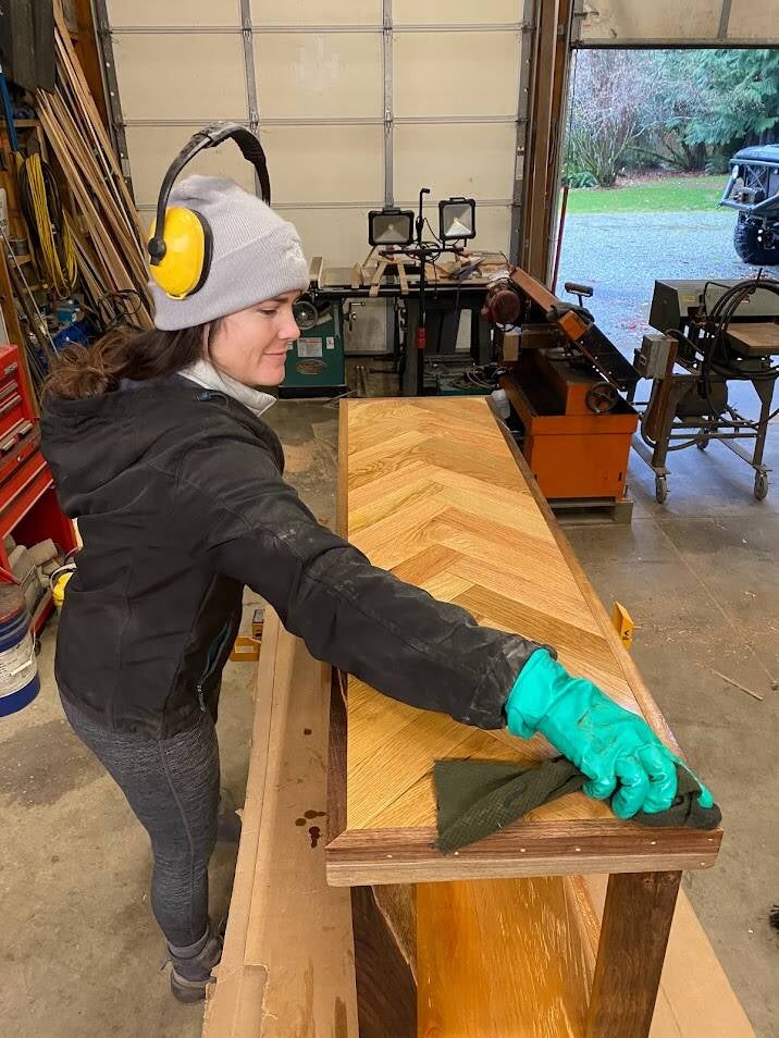 Repurposed Oak flooring herringbone plant stand