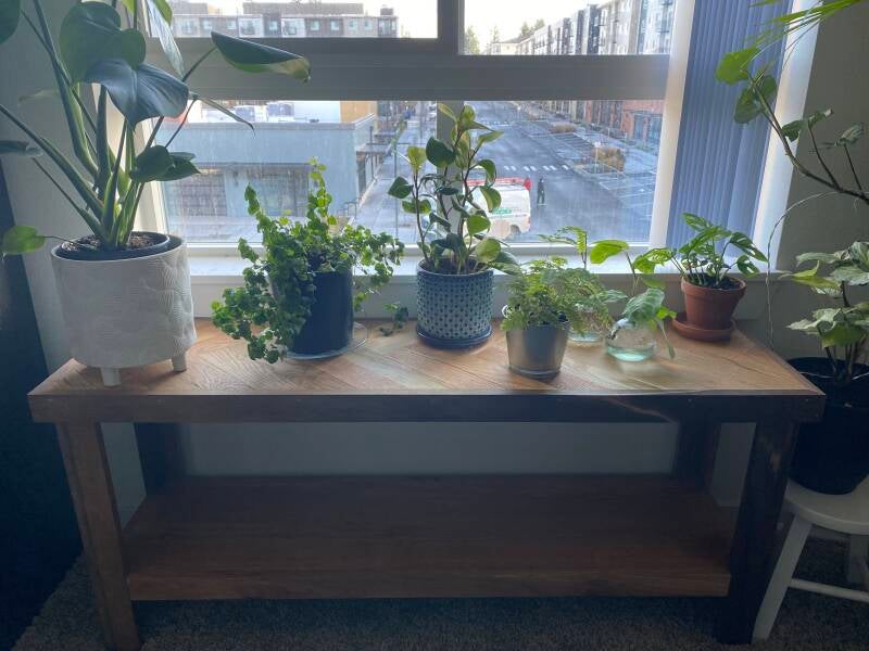 Repurposed Oak flooring herringbone plant stand