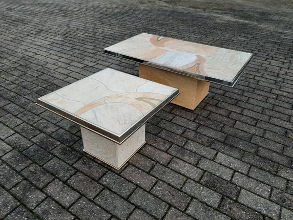 TWO KINGMA COFFEE TABLES MADE FOR FEDAM HOLLAND VINTAGE MARBLE STONE INLAY MESSING SIGNED