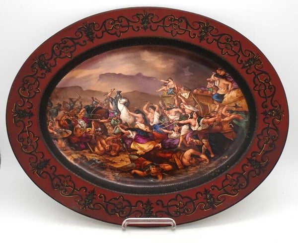 Large Hand-Painted Wall Charger Plate Depicting Roman Battle with Semi Nude Sabine Woman, 1866