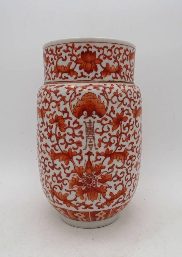 PORCELAIN VASE CHINESE SCROLL LOTUS BATS IRON RED LATE QING EARLY ROC ANTIQUE