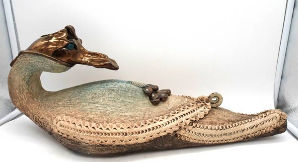 Very large studio ceramic sculpture of a dragon-duck. Signed by the artist. Studio ceramics.