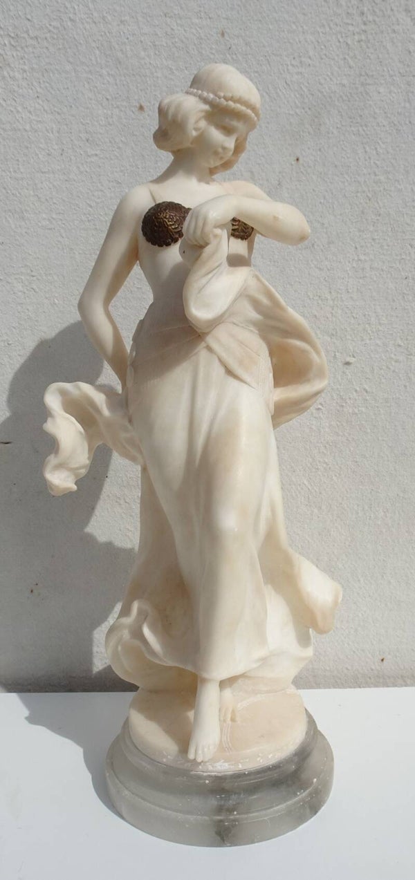 LARGE ANTIQUE ITALIAN, ART NOUVEAU DECO CARVED ALABASTER AND BRONZE SCULPTURE OF A DANCER SIGNED