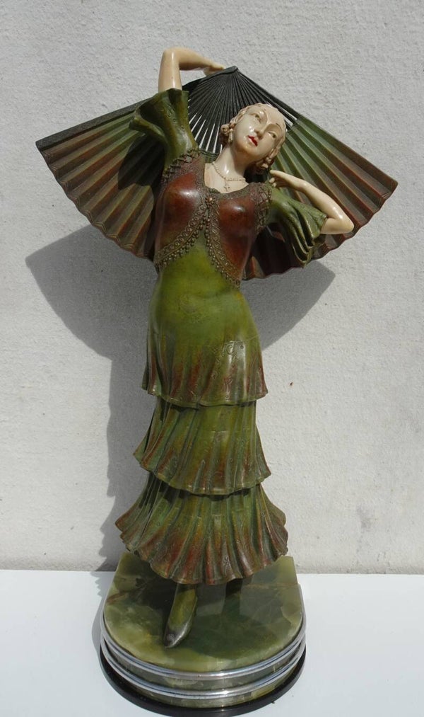 LARGE CHRYSELEPHANTINE SPELTER AND RESIN ART DECO SPANISH FLAMINGO DANCER WITH FAN