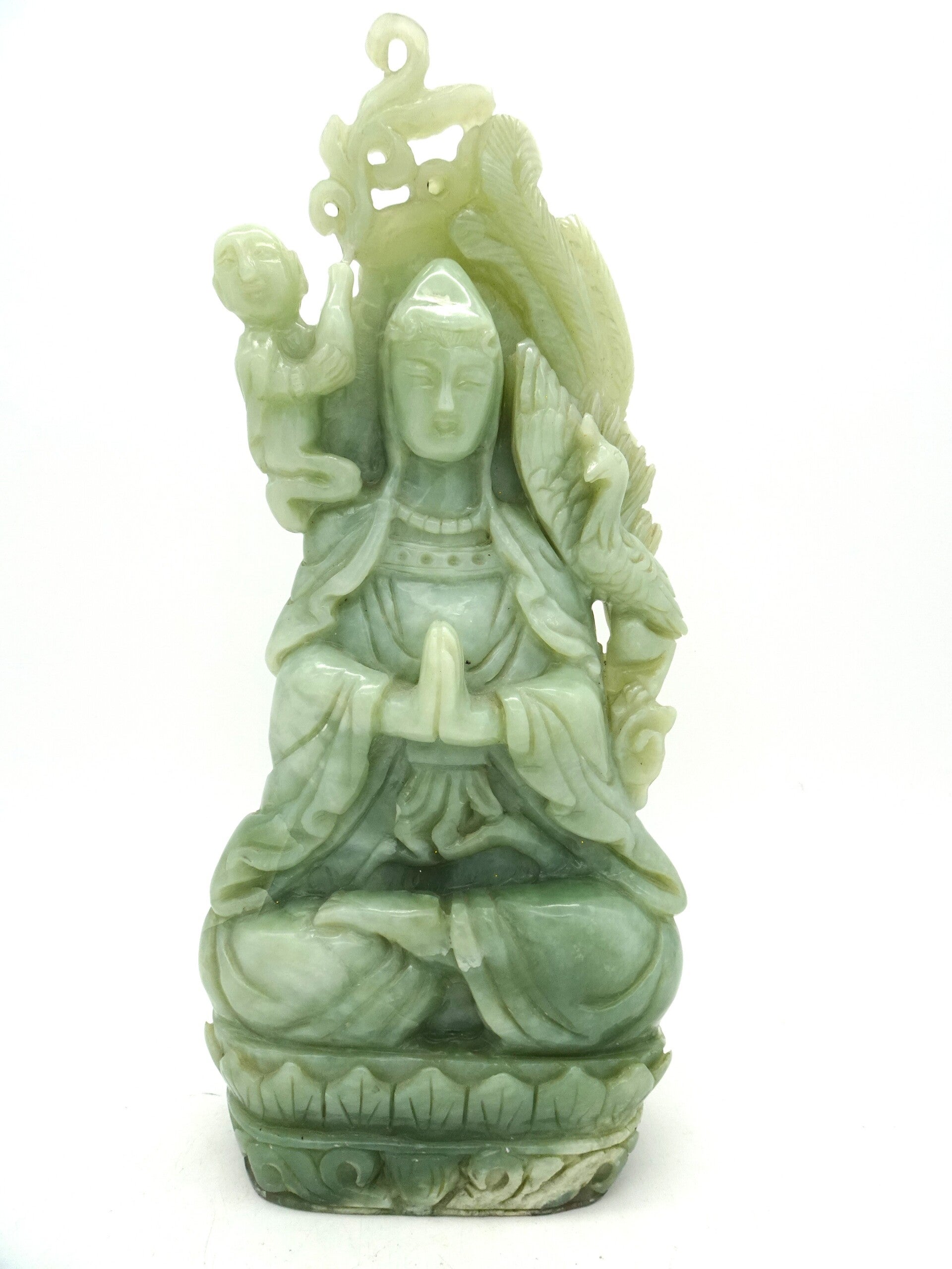 Chinees vintage gebeeldhouwd biddende Jade Guan-yin Chinese sculpture