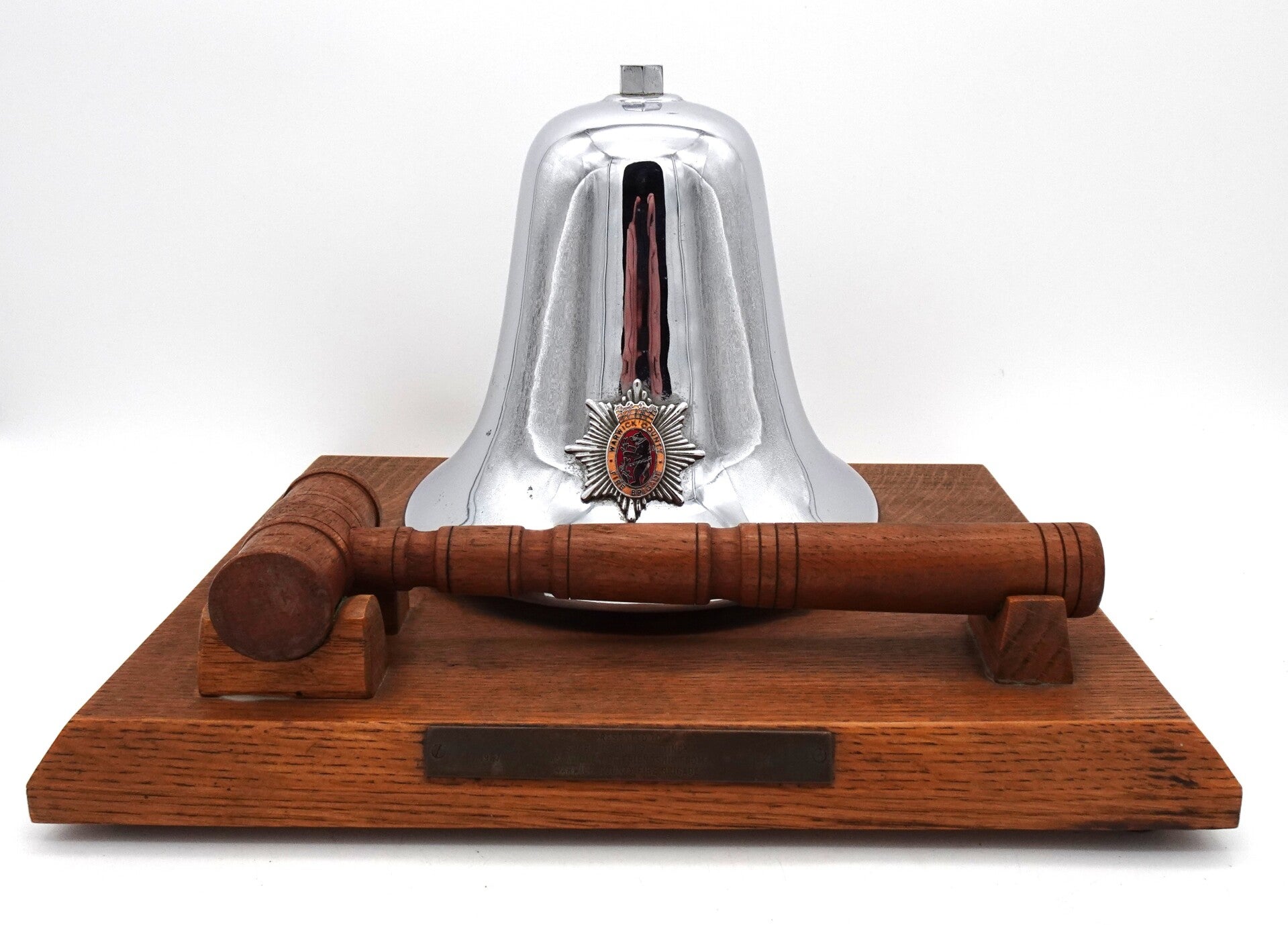 VINTAGE BRONZE BELL WITH HAMMER FROM WARWICK COUNTY FIRE BRIGADE