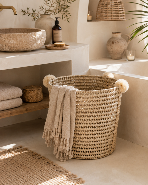 Pompom basket  XL beige