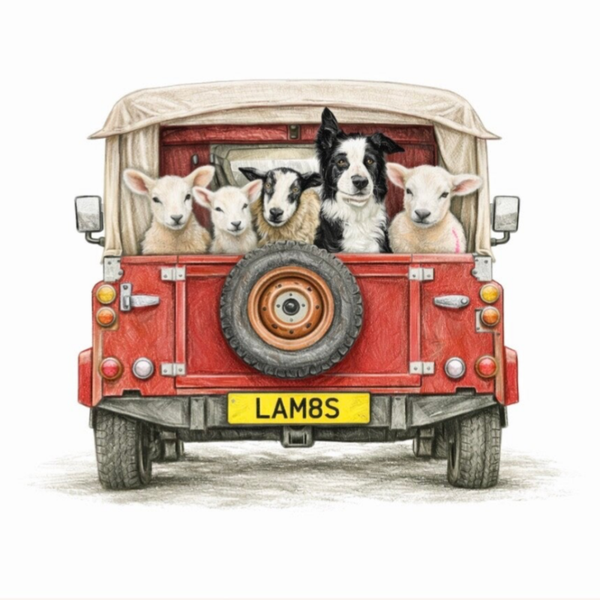 The Farm Lasses Land Rover Sheep, Lambs and Border Collie all occasions card.