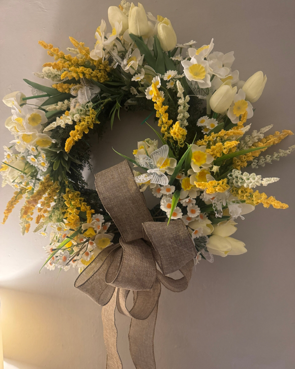 Handmade Spring wreath. Tulips - daffodils- daisys.
