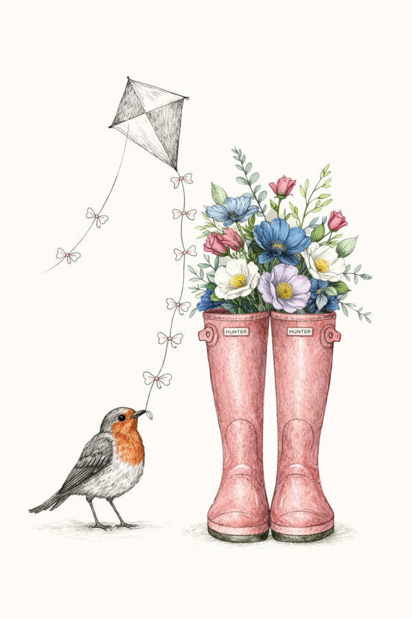 The Farm Lasses - flowers in wellies with a Robin
