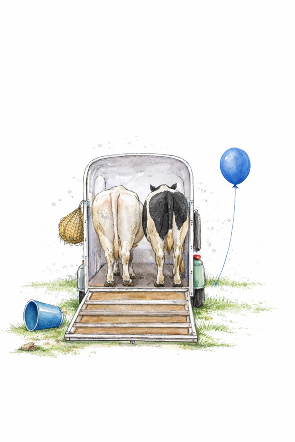 The Farm Lasses - Farm Humour Cow in a trailer Greetings card.