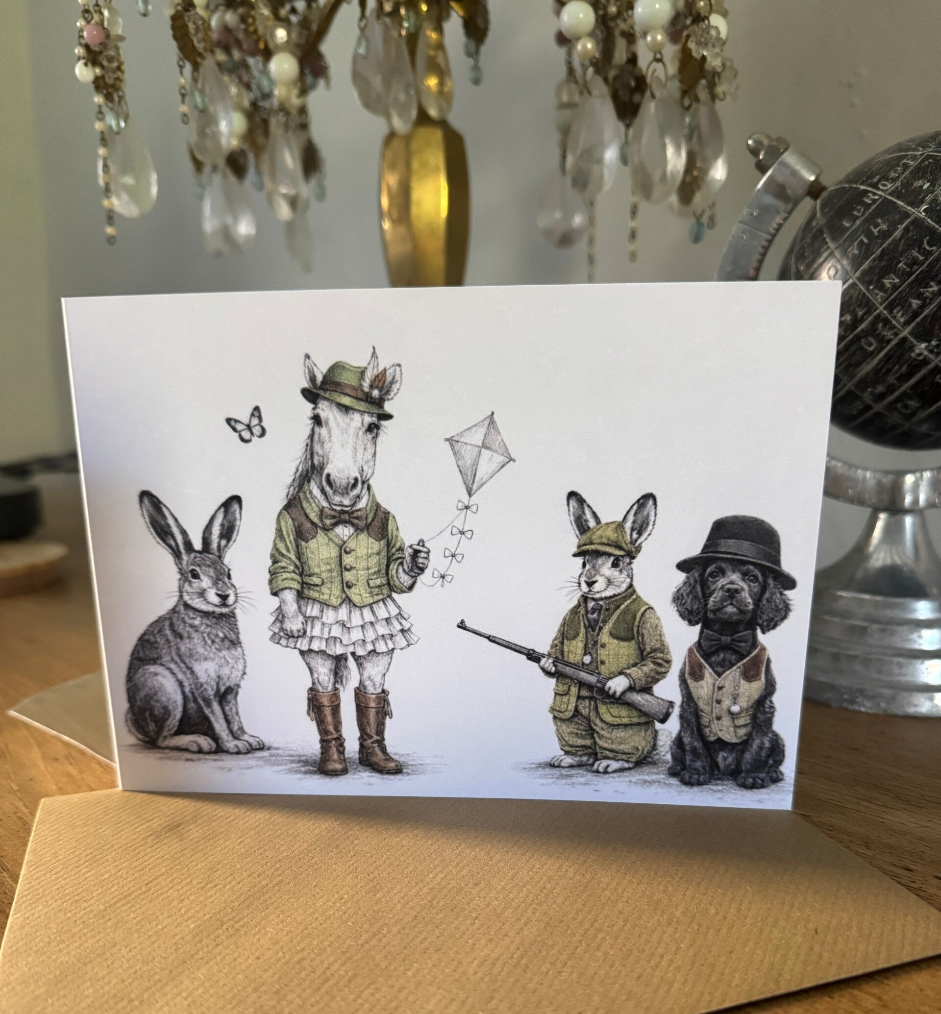The Farm Lass Greetings Card. Humour,, tweeds, horse, hare, rabbit & cocker Spaniel card for all occasions.