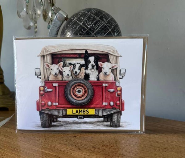 The Farm Lasses Land Rover Sheep, Lambs and Border Collie all occasions card.