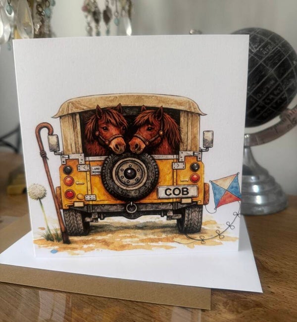 The Farm Lasses yellow Land Rover And Horses Greetings card.