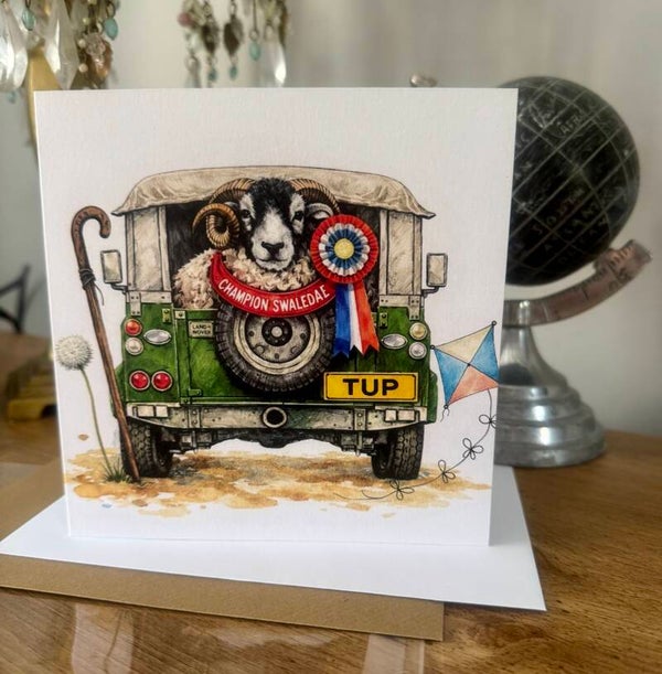 The Farm Lasses Swaledale Tup Land Rover Greetings Card.