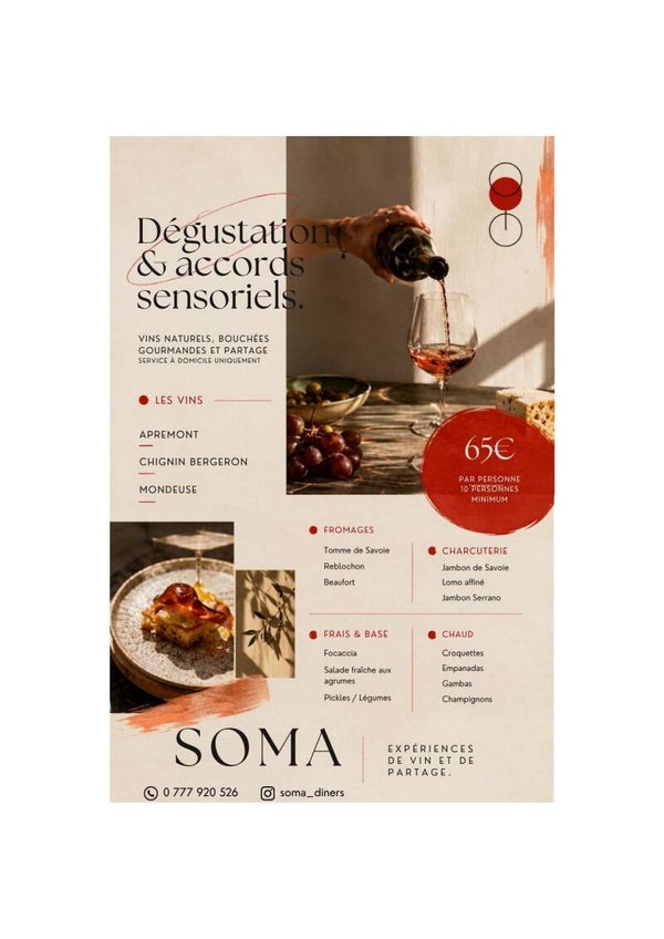 Expérience de dégustation en 3 étapes sensorielles avec accords gastronomiques (15 bouchées par personne). À domicile, pour groupes privés (minimum 10 personnes). 65 € par personne