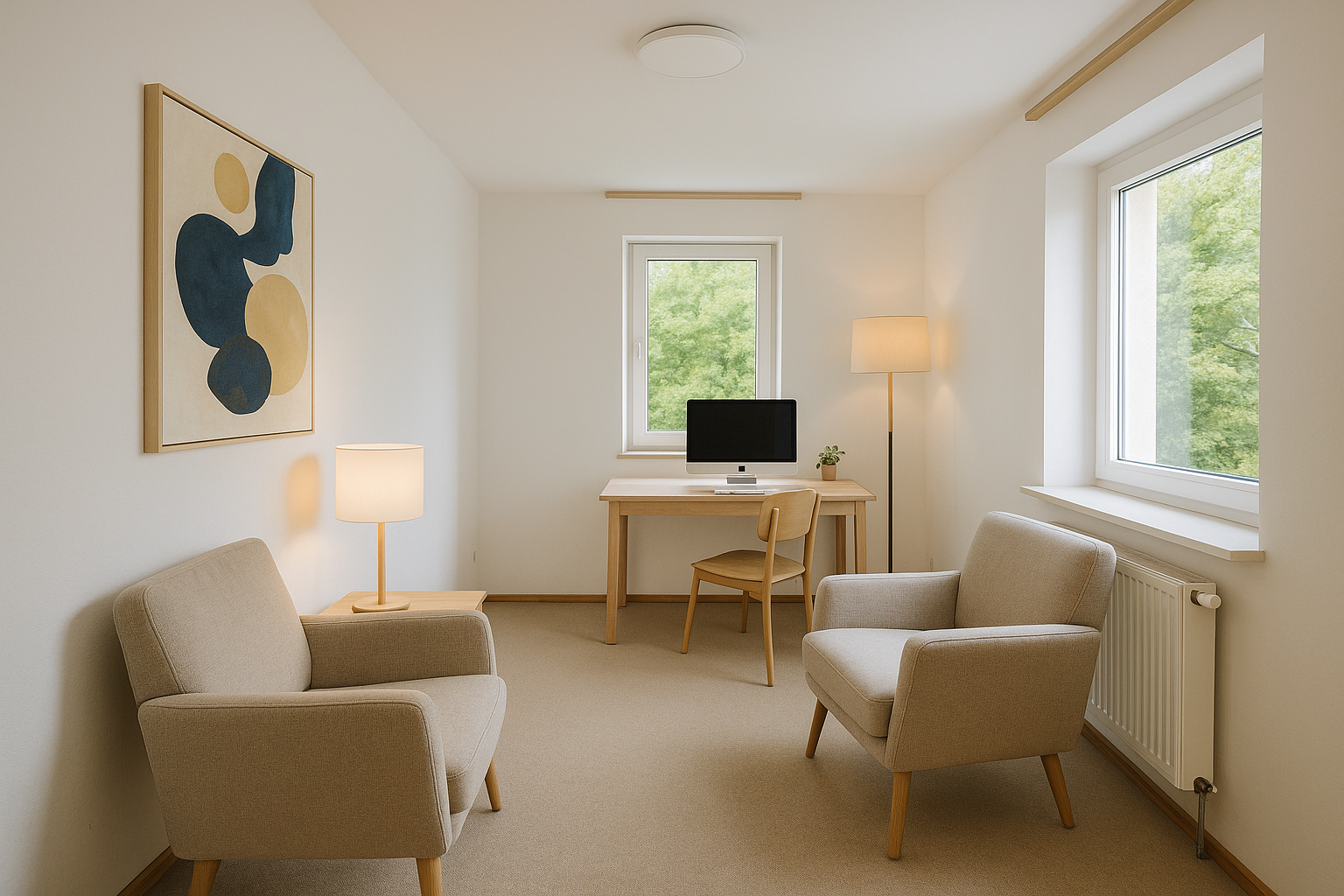 Ruhiger, modern eingerichteter Praxisraum mit zwei Sesseln für Gespräche, einem Schreibtisch mit Computer und warmem Licht – ideal für systemische Beratung und Therapie.