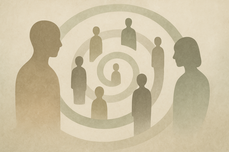 Illustration mehrerer Personenfiguren in einer kreisförmigen Spiralstruktur, beobachtet von zwei größeren Silhouetten – Symbol für Familiensysteme, Beziehungsdynamiken und systemische Aufstellungsarbeit.