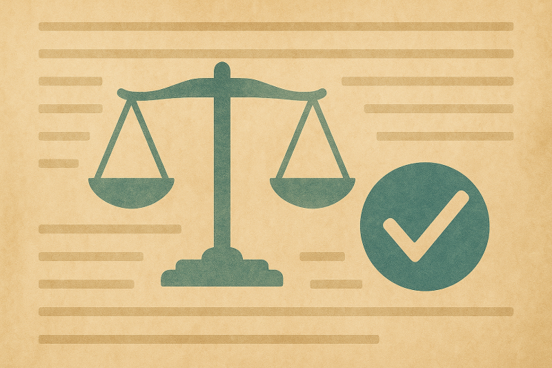 Illustration einer Waage und eines Häkchens vor stilisierten Textzeilen – Symbol für Rechtssicherheit, Vertragsbedingungen und die Allgemeinen Geschäftsbedingungen der systemischen Aufstellungen.