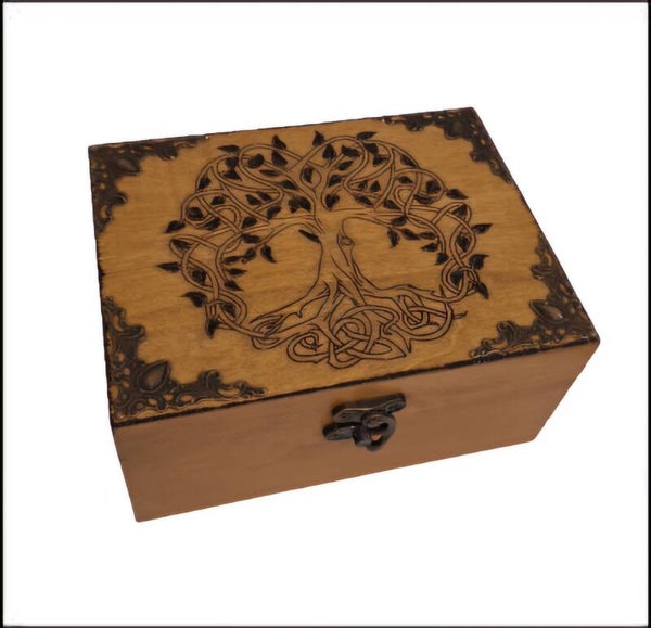 Boite en bois gravée arbre de vie celtique ornée de bronze à 2 compartiments thé bijoux huile essentielle pierres cristaux