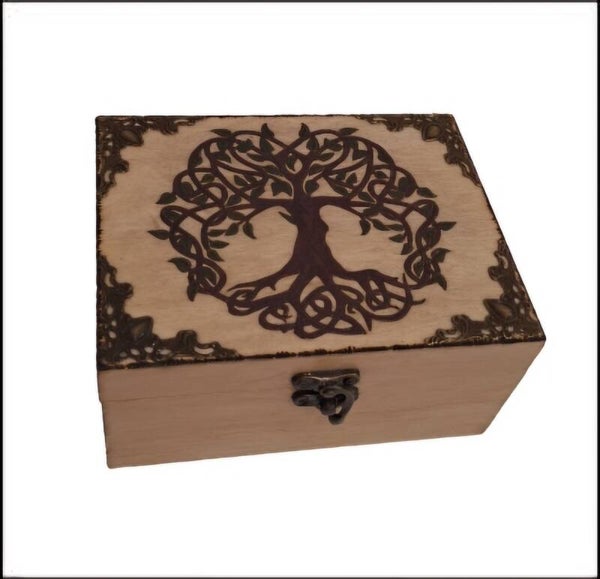 Boite en bois gravée arbre de vie celtique ornée de bronze à 2 compartiments thé bijoux huile essentielle pierres cristaux