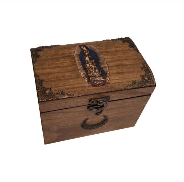 Coffret en bois Notre Dame de Guadalupe Sainte Vierge Marie rangement objets religieux, Chapelet souvenirs prêtre baptême communion