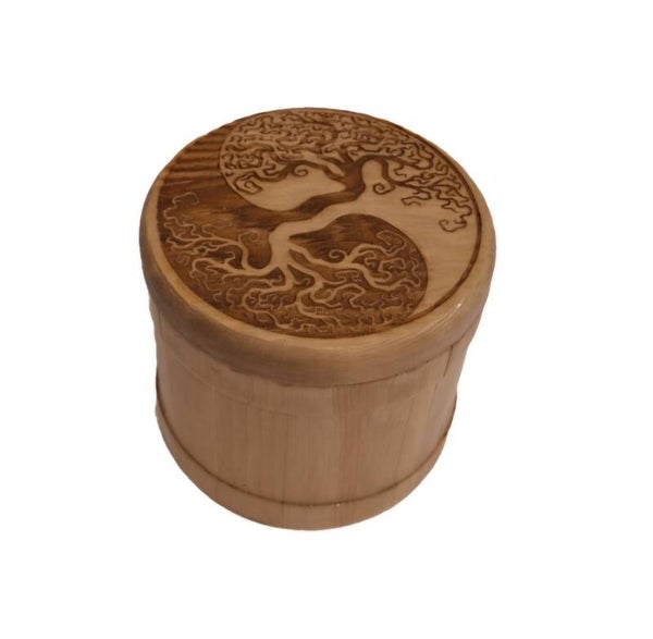 Boîte ronde en bois gravée arbre de vie celtique yin yang petit boitier rangement pendule pierres cristaux bracelet pendentif bijoux