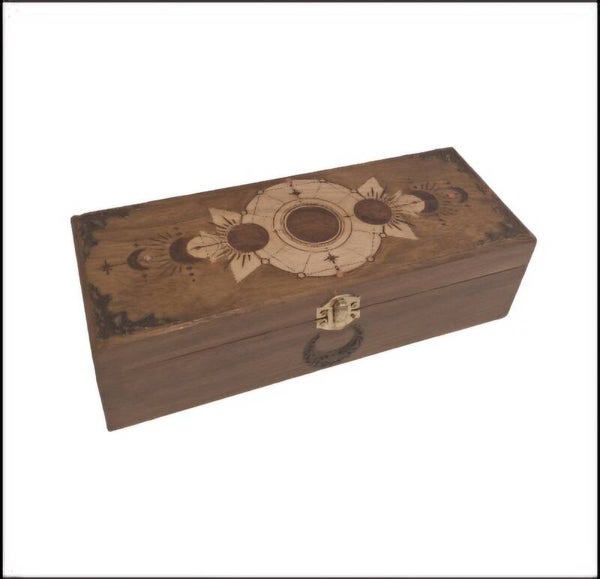 Boîte type huile essentielle en bois gravée des différentes phases de la lune  lithothérapie  thé  pierres cristaux