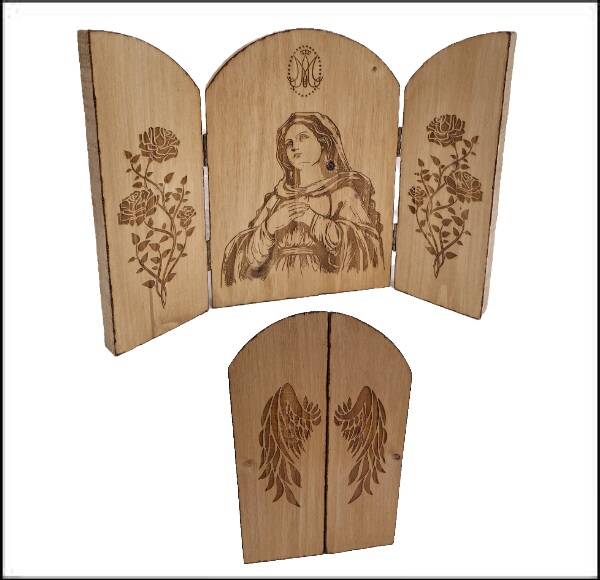 Triptyque Sainte Vierge Marie encadrement de roses inscription  portes avec ailes d'ange, icône religieuse pour autel à prières