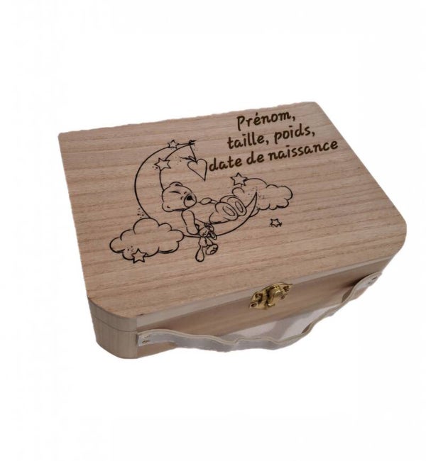 Valise maternité bébé à personnaliser gravée ourson avec sa peluche sur un croissant de lune ou valisette à souvenir avec nounours enfant