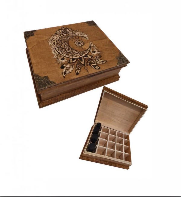 Boite de rangement pour flacons d'huiles essentielles de 5 ml gravé d'une lune orientale, aromathérapie, herboristerie, apothicaire