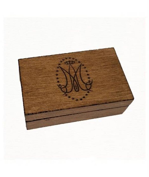 Coffret en bois Monogramme Vierge Marie usage divers rangement objets religieux, Chapelet souvenirs ordination prêtre baptême communion