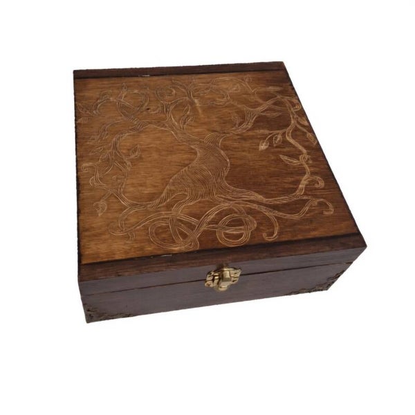 Boîte de rangement en bois gravée d'un Arbre de vie celtique branches feuilles bronze thé huile essentielle bijoux pierre cristaux