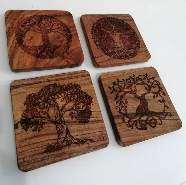Sous verres en bois d'acacia massif gravé de différents arbre de vie celtique celtes décoration nature