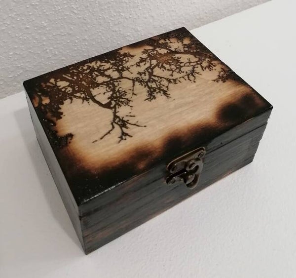 Boîte en bois gravée Yakisugi de branches sur un fond de frondaison de forêt broche bijoux pierre cristaux artefact médaille