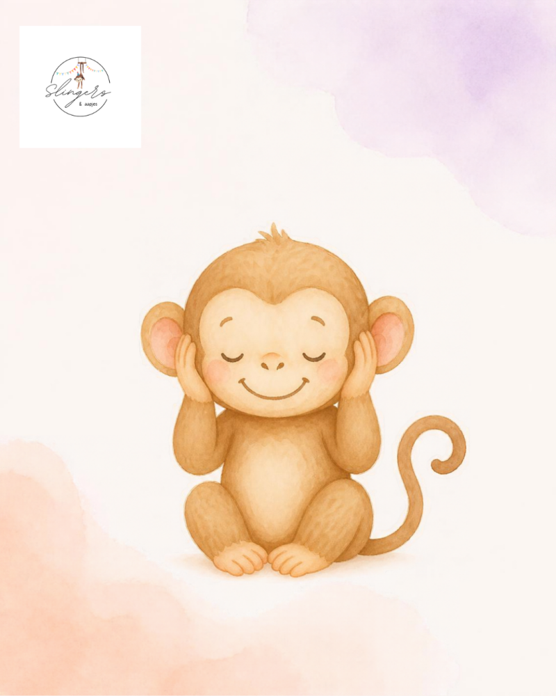 Slingers & Aapjes mascotte-aapje met handen over de oren, symbool voor overprikkeling bij een kind