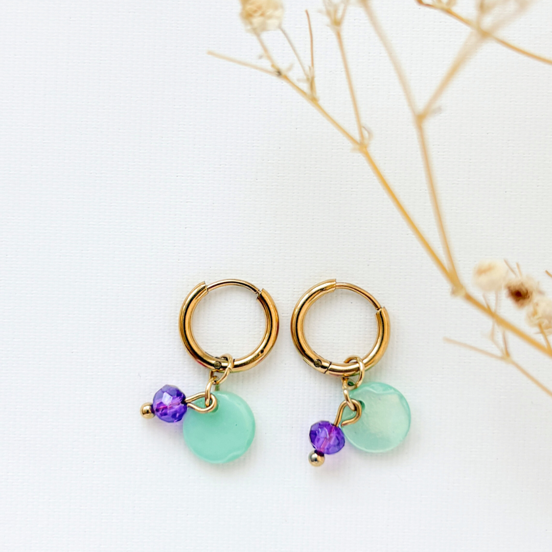 Kinder oorbellen Ocean Purple – Stainless steel oorringen met paars, aqua & goud