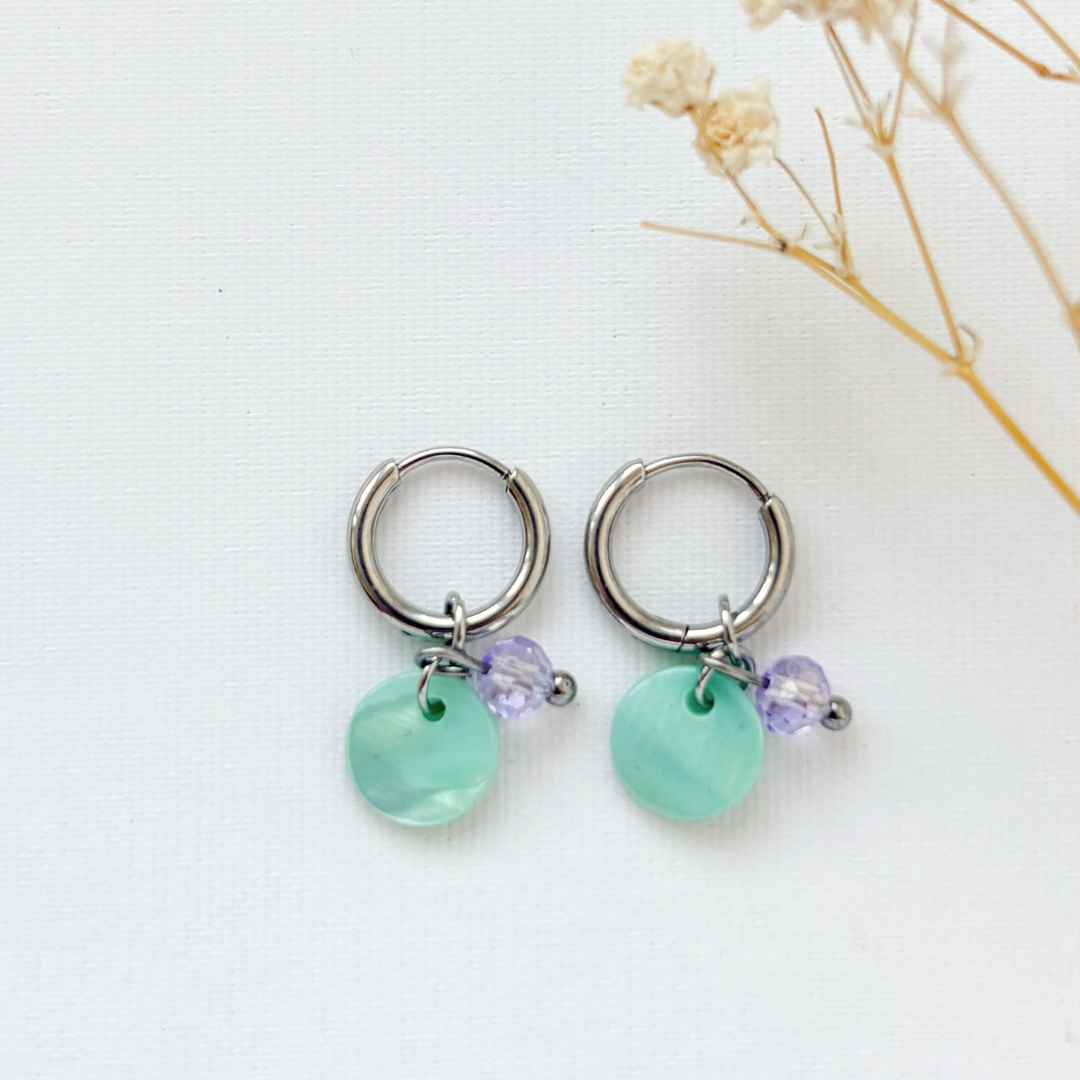 Kinder oorbellen Ocean Purple – Stainless steel oorringen met aqua, paars & zilver