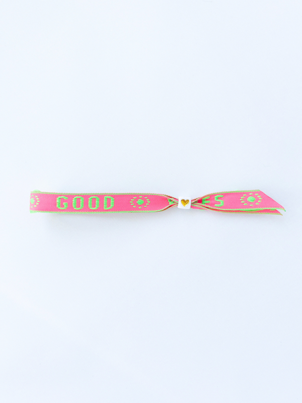 Kinderarmband lint met tekst 'Good Vibes' - roze groen