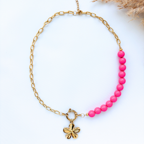 Stainless steel ketting met roze bubblegum acrylkralen voor dames