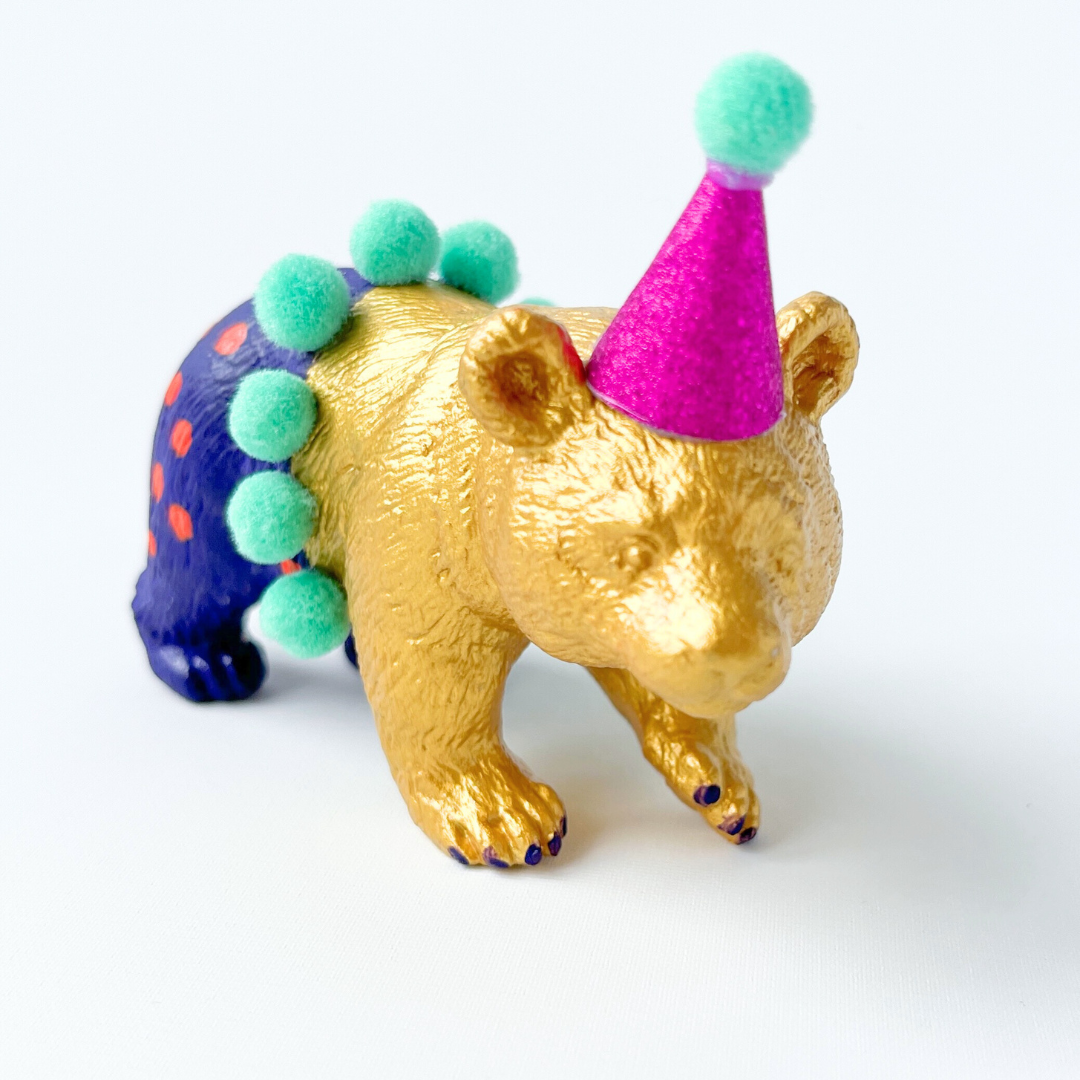 Gouden Feestdier Beer | Handgemaakt & Pre-Loved - paars, oranje, aqua